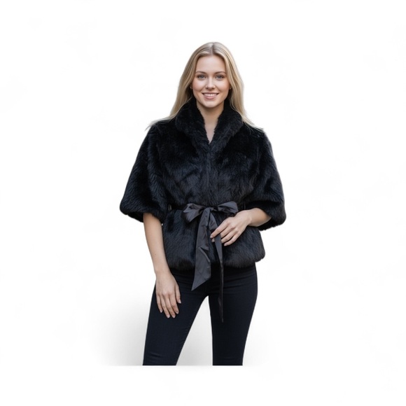 Costa Blanca Black Faux Fur Jacket with Ribbon Tie Size 8 - Picture 1 of 7